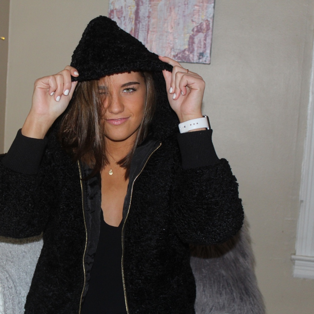 Faux Fur Gold Zip Hooded Jacket